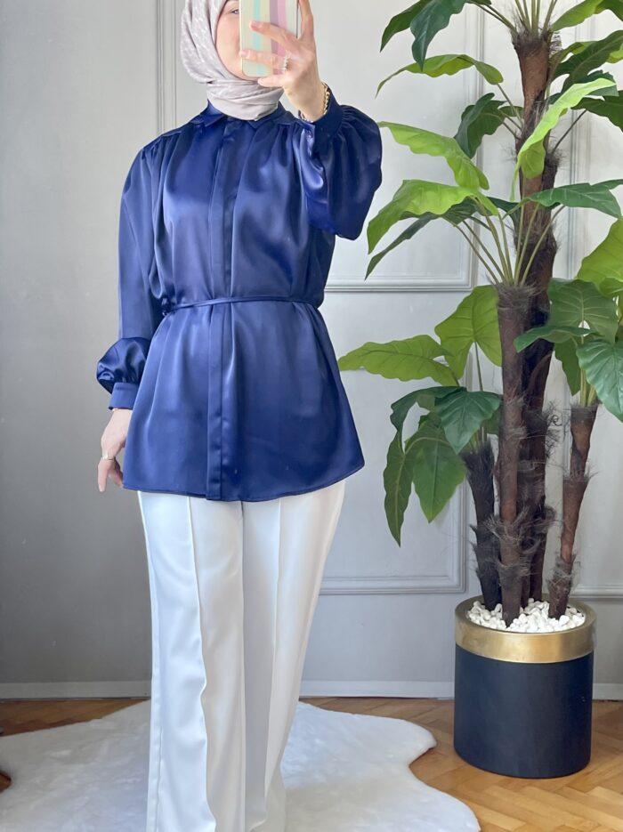 Lacivert Balon Kol Saten Gömlek (1)