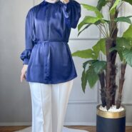 Lacivert Balon Kol Saten Gömlek (1)