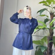 Lacivert Balon Kol Saten Gömlek (2)