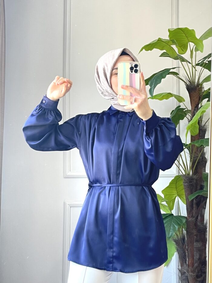 Lacivert Balon Kol Saten Gömlek (3)