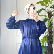 Lacivert Balon Kol Saten Gömlek (3)