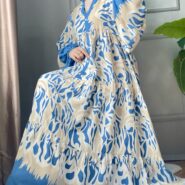 Önü patlı Mavi desenli elbise (3)