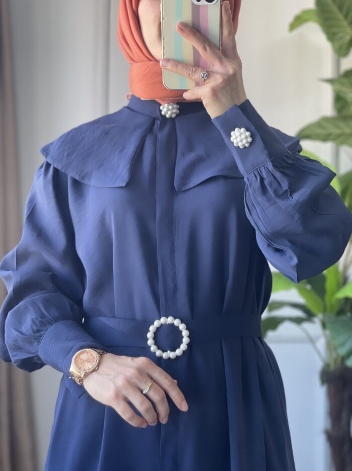 Yakası Pelerinli İnci Detaylı Ferace Elbise (4)