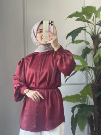 Bordo Saten Balon Kol Gömlek