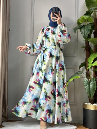 Nida Elbise – Kendinden Kemerli Valonlu Desenli Tesettür Elbise