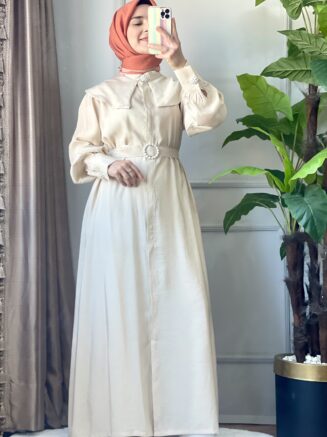 Krem Renkli Pelerin Yaka İnci Detaylı Ferace Elbise