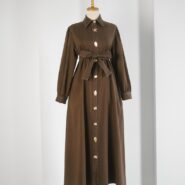 Kahverengi Kendinden Fularlı Astarlı Trenç Kot Elbise