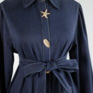 Lacivert Kendinden Fularlı Astarlı Trenç Kot Elbise 2