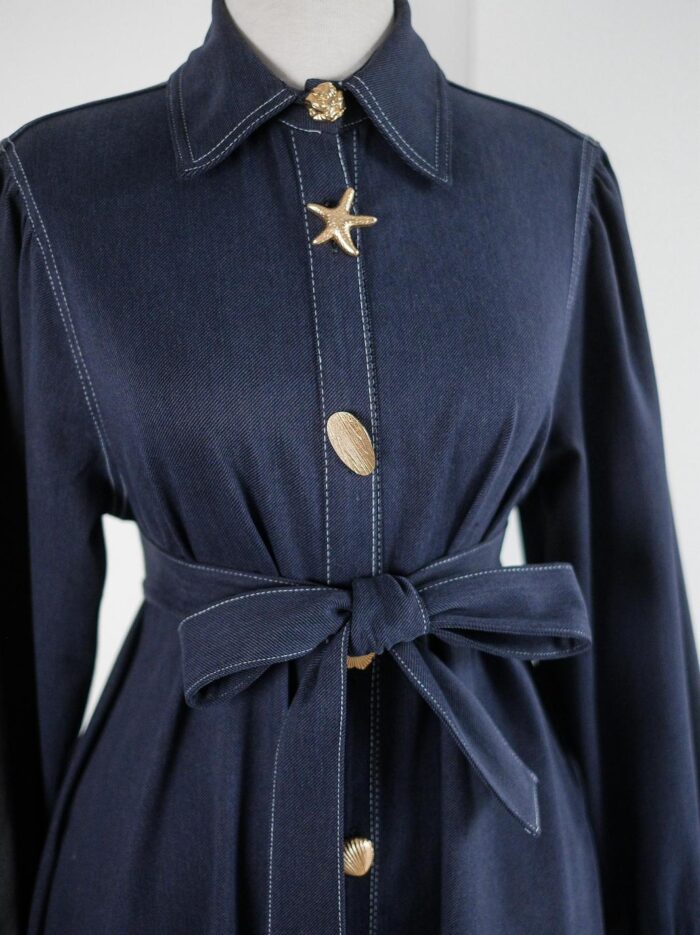 Lacivert Kendinden Fularlı Astarlı Trenç Kot Elbise 2