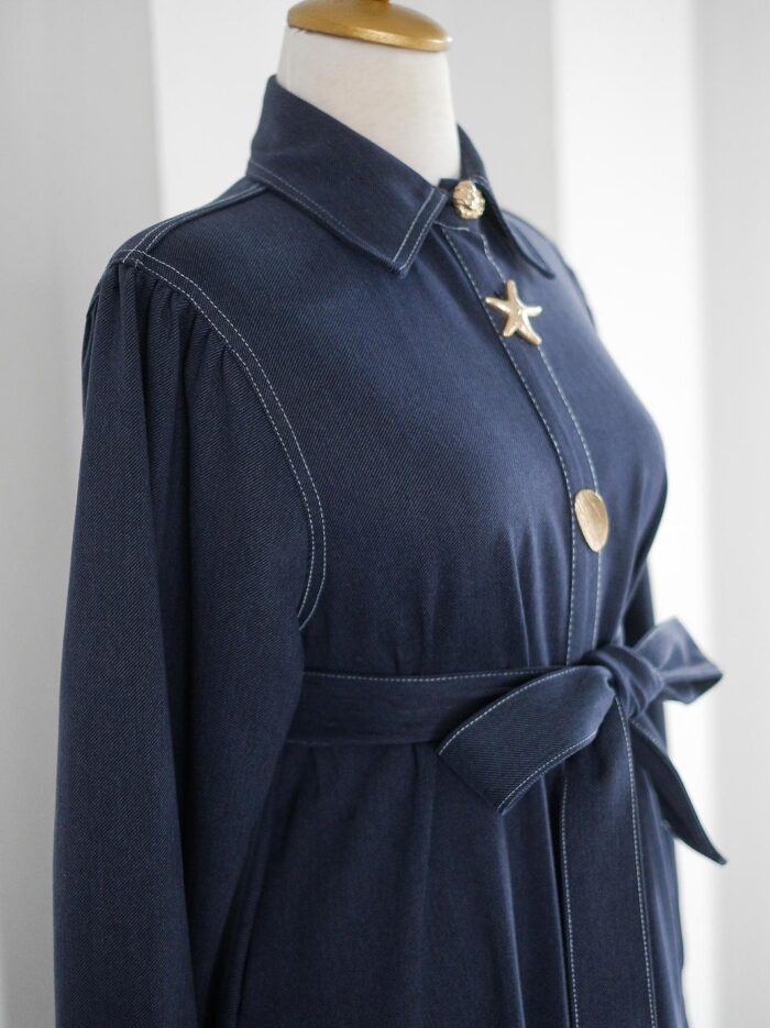 Lacivert Kendinden Fularlı Astarlı Trenç Kot Elbise