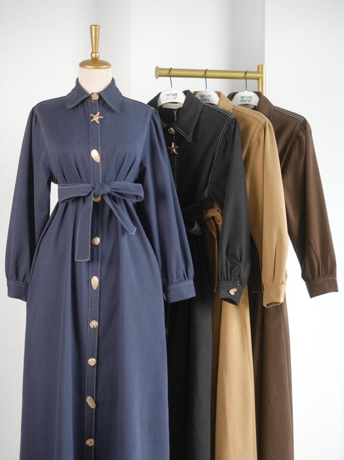 Miella Kendinden Fularlı Astarlı Trenç Kot Elbise