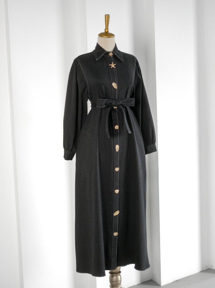 Siyah Kendinden Fularlı Astarlı Trenç Kot Elbise